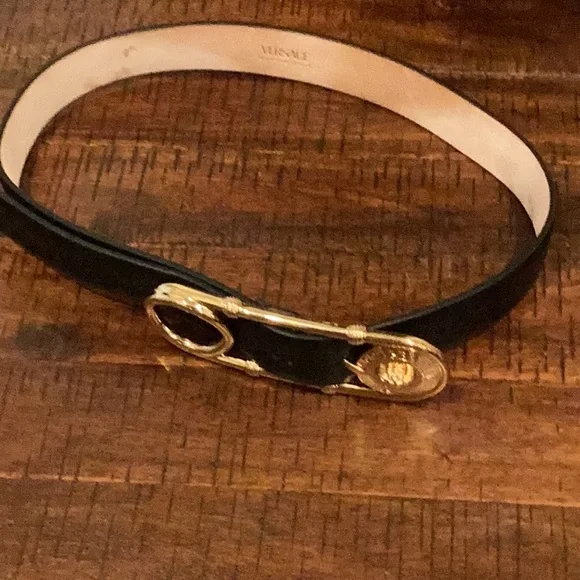 Versace Medusa Safety Pin Belt, Black EUC, Size 26 Versace Medusa Safety Pin Leather Belt | Neiman Marcus main image 3